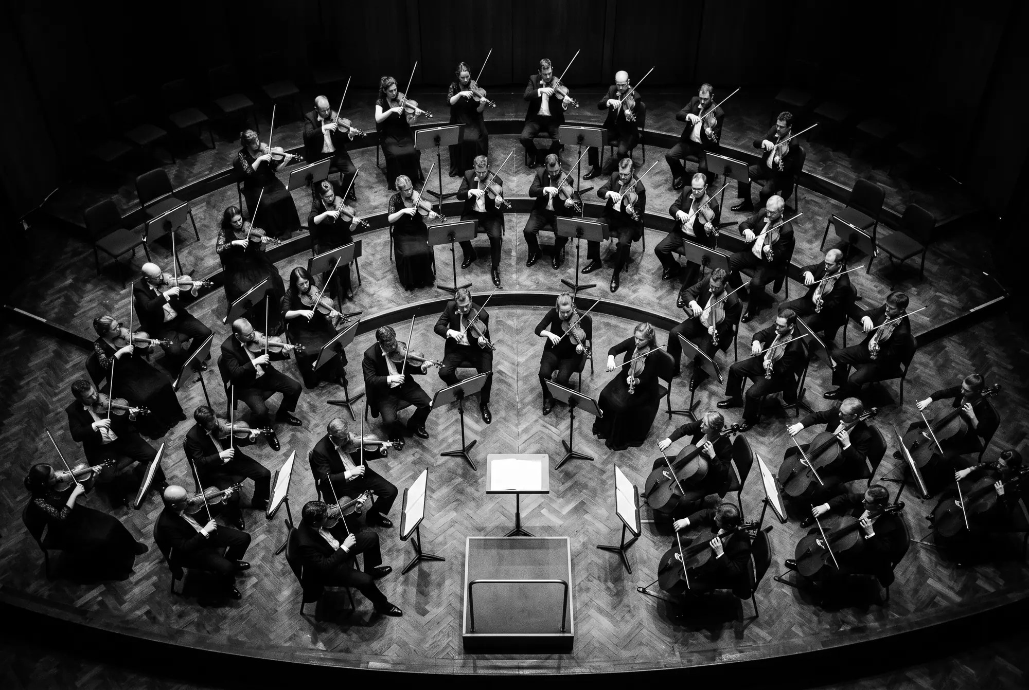 An orchestra's strings seen from above, arranged in a curve around the empty conductor's podium