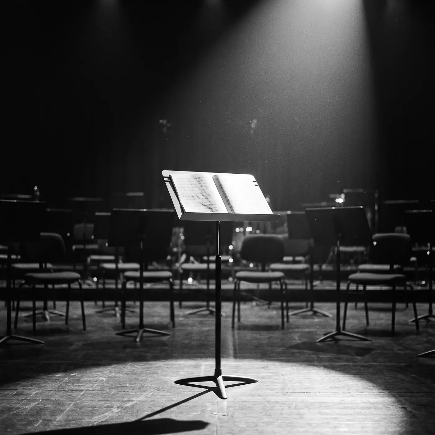 An empty music stand with an open score, lit by one spotlight on a dark stage